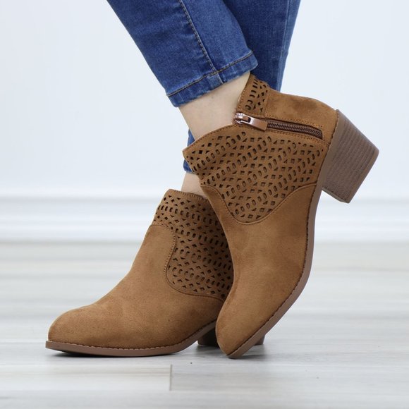 Tan Round Toe Low Heel Ankle Boots Faux Suede Lacer Cut Design - Picture 7 of 12
